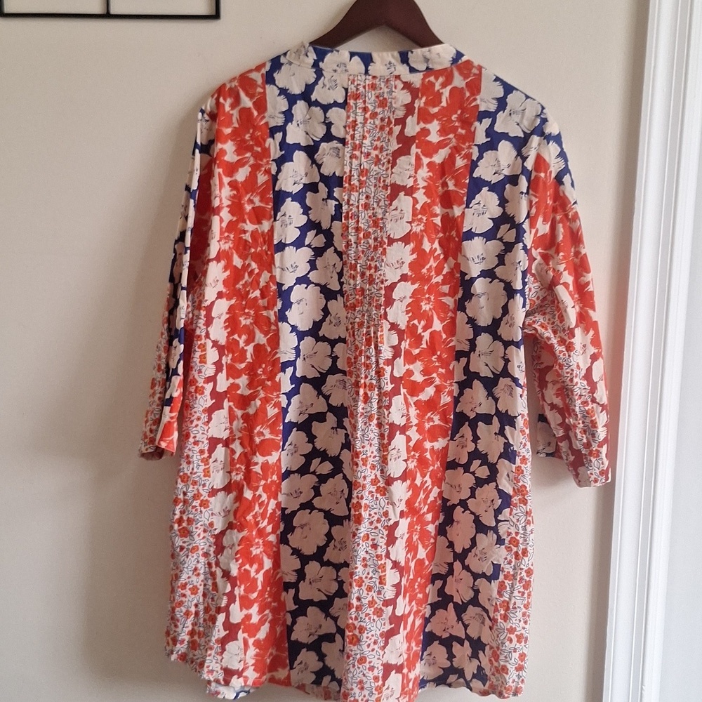 LA Cera Cotton Orange Blue Floral Button Down Tunic Size 2X - Picture 6 of 9